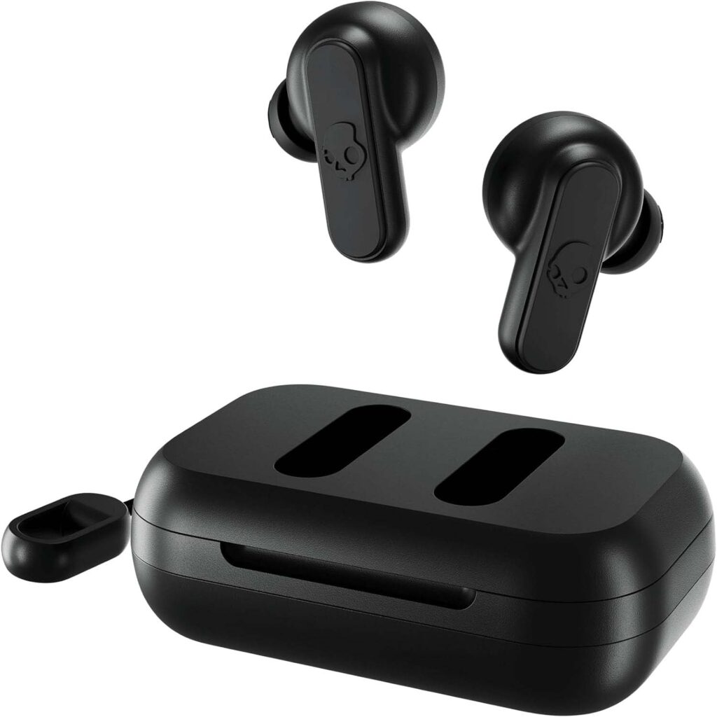 a black wireless earbuds with a skull logo