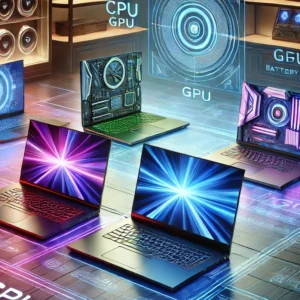 Illustration of futuristic laptops from 2025 with vibrant screens, sleek designs, and holographic projections of specifications, set in a modern tech-themed environment